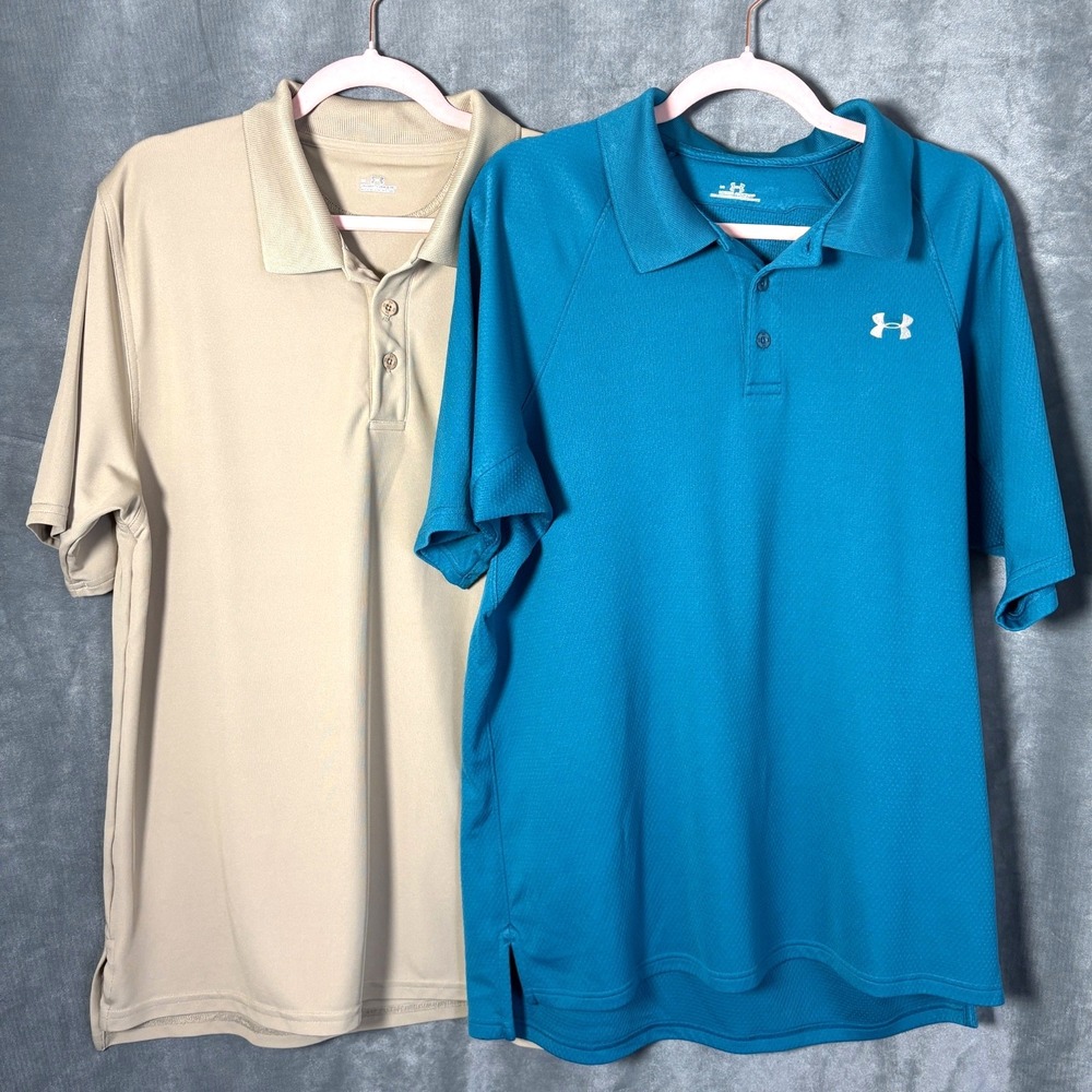 Under Armour Shirt Mens Large Blue Tan Polo Short Sleeve‎ Shirts  Golf Lot of 2